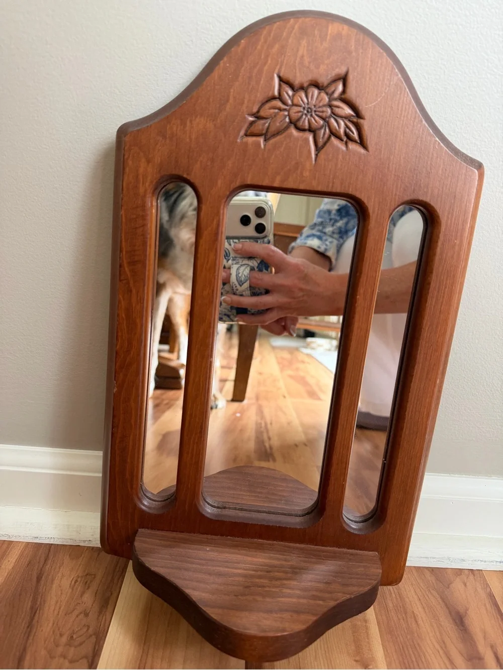 Vintage Hand-Carved Wooden Wall Mirror with Built-In Display Shelf